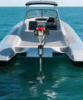 4.0 HP 4 Stroke Outboard Motor For Boats, 53.2cc 3 Blade Propeller attached to a modern boat, marine engine visible