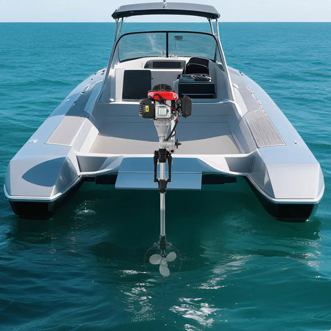 4.0 HP 4 Stroke Outboard Motor For Boats, 53.2cc 3 Blade Propeller attached to a modern boat, marine engine visible