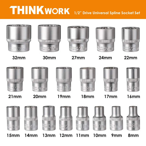 Half Inch Drive Universal Spline Socket Set for SAE and Metric Bolts, 19-piece sizes from 8mm to 32mm, Chrome Vanadium Steel