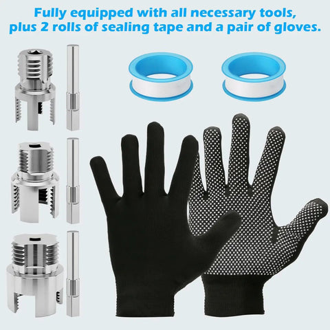 Dual Function PVC Pipe Threader Kit For One Half Three Quarters And One Inch Pipes Internal And External Threading Tool, including sealing tape and gloves