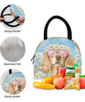 Dog Daisy Sunglass Themed Backpack With Insulated Cooler Lunch Box Lightweight 15.6 Inch Laptop Daypack For Women And Men Scratch Resistant Nylon Multiple Pockets Insulated Lunch Compartment Great For Work Travel And Picnics with fruit inside and features labeled handle, foil, and pocket.