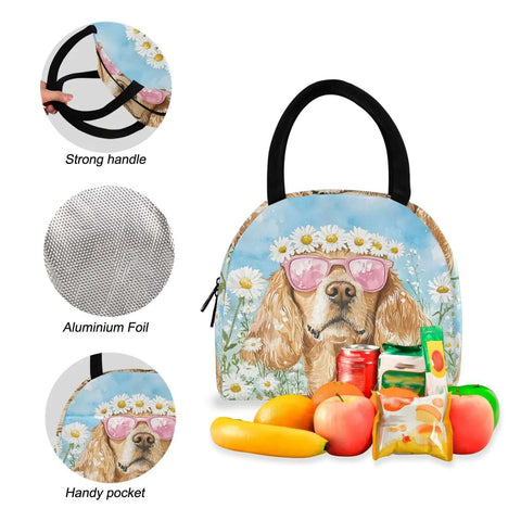 Dog Daisy Sunglass Themed Backpack With Insulated Cooler Lunch Box Lightweight 15.6 Inch Laptop Daypack For Women And Men Scratch Resistant Nylon Multiple Pockets Insulated Lunch Compartment Great For Work Travel And Picnics with fruit inside and features labeled handle, foil, and pocket.