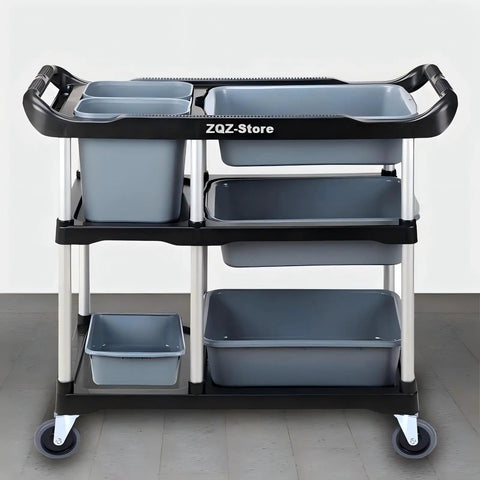 Front view of 3 Tier Heavy Duty Utility Cart On Wheels With Removable Bins Mobile Storage Cart For Kitchen And Restaurant Hotel Or Office