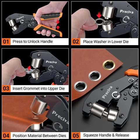All In One Grommets Tool Kit With Half Inch Grommets And Carrying Case Eyelet Punch Pliers Set shown in step-by-step operation guide