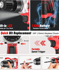 12V Cordless Drill And Driver Set With Two Batteries Ultra Lightweight Two Speed 24 And 1 Position Wood And Wall Drilling And Screw Driving Rechargeable Brushless Motor Ergonomic Anti Slip Grip DIY Tools, featuring built-in LED, 1.5Ah battery and quick bit replacement.