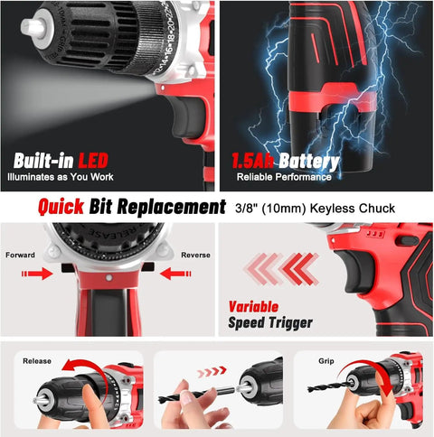 12V Cordless Drill And Driver Set With Two Batteries Ultra Lightweight Two Speed 24 And 1 Position Wood And Wall Drilling And Screw Driving Rechargeable Brushless Motor Ergonomic Anti Slip Grip DIY Tools, featuring built-in LED, 1.5Ah battery and quick bit replacement.