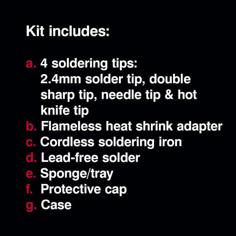 List of items in Cordless Butane Soldering Iron Kit With Portable Station Lead-Free Solder Included, Self Igniting And Adjustable Temperature 680F To 820F