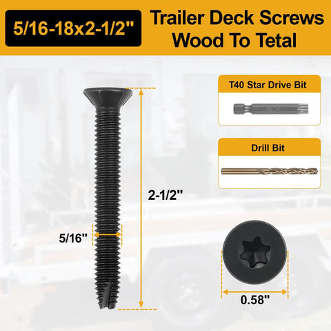 Five Sixteenth Inch Thread Cutting Self Drilling Deck Screws Type Seven Star Drive T Thirty Flat Head for wood and metal, image shows size and design details.