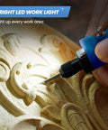 HARDELL cordless rotary tool, blue and black, close-up carving wood with bright LED light