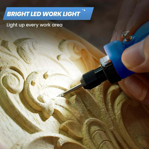 HARDELL cordless rotary tool, blue and black, close-up carving wood with bright LED light