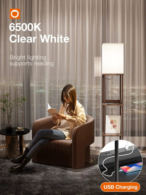 Shelf Floor Lamp With 2 USB Ports And Power Outlet in brown finish beside woman reading in living room.