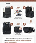 Steps showing the Roller Backpack For Women 2 In 1 Convertible Suitcase And Carry On Bag transforming from wheeled bag to backpack.