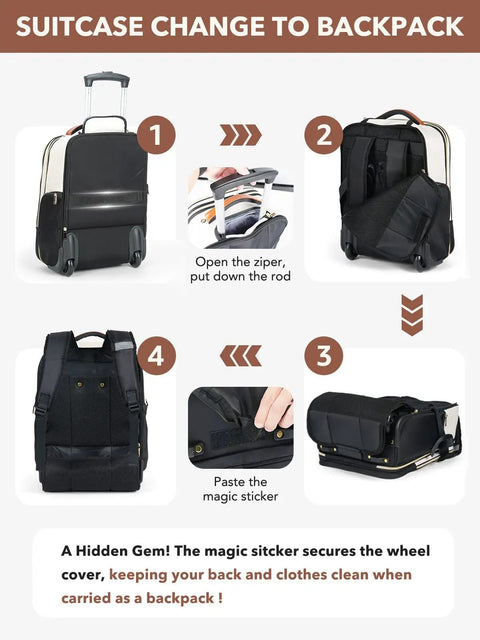 Steps showing the Roller Backpack For Women 2 In 1 Convertible Suitcase And Carry On Bag transforming from wheeled bag to backpack.