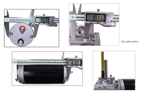 Professional Grade 1.5HP 900W 12V DC Tarp Motor Kit showing size measurements of components, including length and diameter.