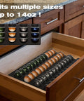 Open kitchen drawer with 48 Pod Coffee Capsule Drawer Organizer For Nespresso Vertuo Vertuoline Holds 48 Pods Waterproof Foam Tray