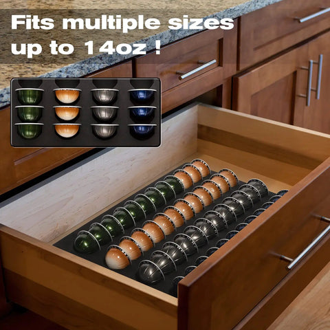 Open kitchen drawer with 48 Pod Coffee Capsule Drawer Organizer For Nespresso Vertuo Vertuoline Holds 48 Pods Waterproof Foam Tray
