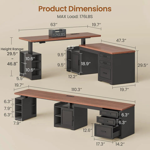 Dimensions of Farmhouse L Shaped Electric Standing Desk Boss Level Height Adjustable Sit To Stand Setup With 63 By 67 Inch Workspace Drawers And Shelves Built In Power Outlet Black