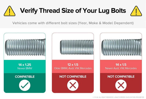 Thread size guide for lug bolts, highlighting compatibility with 14x1.25 for newer BMW, not compatible with 12x1.5 or 14x1.5.