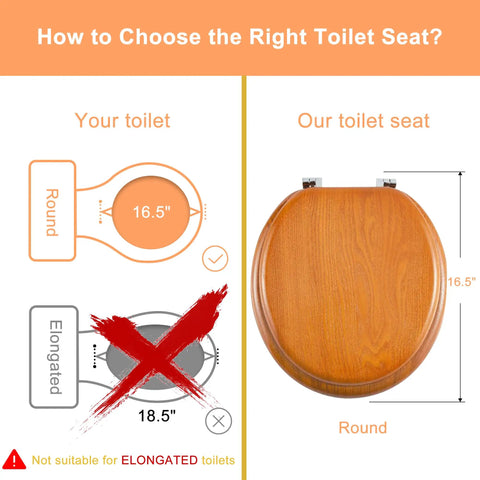 Comparison of round and elongated toilet seats with dimensions, highlighting product not suitable for elongated toilets.