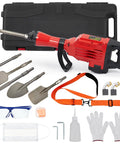 Solid Build Heavy Duty Electric Jack Hammer Concrete Breaker Demolition Rig with tools, case, and safety gear.