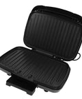 Heavy Duty Electric Panini Press And Grill With Dual Heating Non Stick Coating Smart Oil Filtering Tray Efficient Hamburger Maker For Juicy Burgers And Melty Sandwiches Perfect For Home Use Fast Cooking open with grill marks and drainage tray.