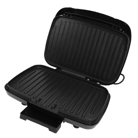 Heavy Duty Electric Panini Press And Grill With Dual Heating Non Stick Coating Smart Oil Filtering Tray Efficient Hamburger Maker For Juicy Burgers And Melty Sandwiches Perfect For Home Use Fast Cooking open with grill marks and drainage tray.
