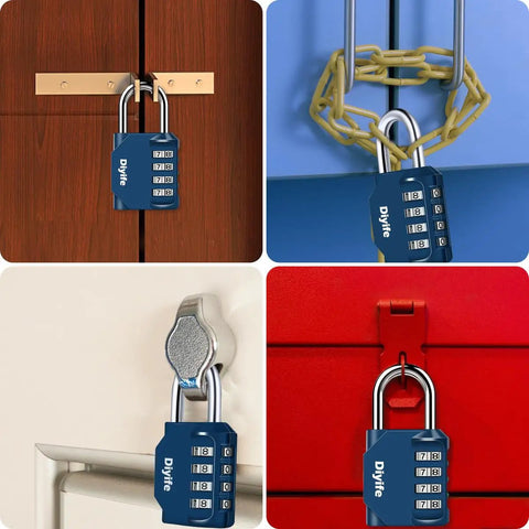 4 Digit Outdoor Waterproof Padlock on locker, fence, toolbox, and case, weatherproof steel build in dark blue