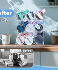 Stackable Water Bottle Organizer For 40 Oz Tumblers With Five Point Five Nine Inch Grid Spacing holds cups in a neat, tidy manner.