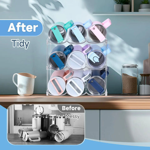 Stackable Water Bottle Organizer For 40 Oz Tumblers With Five Point Five Nine Inch Grid Spacing holds cups in a neat, tidy manner.