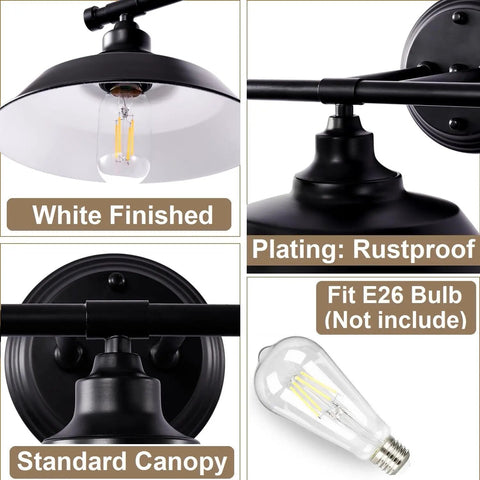 Detail view of Farmhouse Bathroom Vanity Light 20 Inch Black 2 Light Over Mirror Fixture showing rustproof plating and E26 bulb compatibility.
