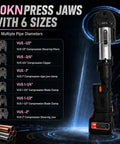 Heavy Duty 18V Hydraulic Pipe Crimping Tool With 60KN Power Fast 3S Crmp showcasing 6 sizes of press jaws for different pipe diameters.