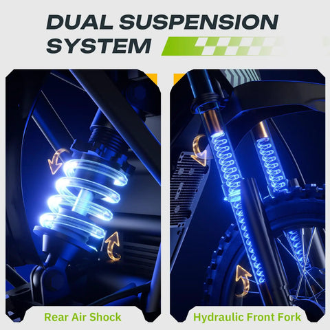 Dual suspension system of Gnarly High-Performance Electric Dirt Bike For Teens And Adults Up To 37 MPH With 2200W Peak Motor