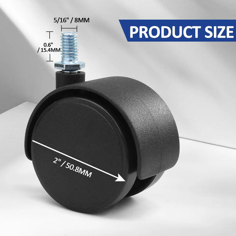 4 Piece 2 Inch Nylon Caster Wheels With M8 Threaded Swivel Stem showing product size and dimensions