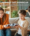 Two happy children playing with Officially Licensed Lamborghini Remote Control Car One Six Scale Lambo Toy Car With LED Lights.
