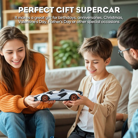 Two happy children playing with Officially Licensed Lamborghini Remote Control Car One Six Scale Lambo Toy Car With LED Lights.