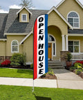 Open House Feather Flag Banner Kit with 15 Ft Pole System outside a house, bold red and blue design, real estate outdoor signage.