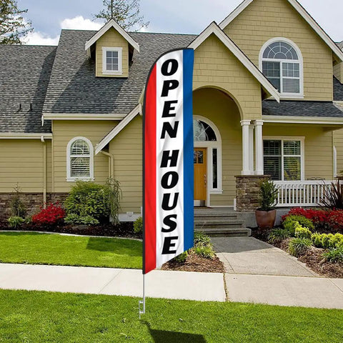 Open House Feather Flag Banner Kit with 15 Ft Pole System outside a house, bold red and blue design, real estate outdoor signage.