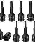 Heavy Duty Socket Adapter Kit With 8 Chrome Steel Bits Covers All PH And SL Sizes For Impact Wrench Use To Tackle Any Tough Bolt Job In A Snap. 8-piece black chrome steel bits