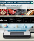 Heavy Duty Vacuum Sealer With 80Kpa Dual Pump, Dry And Moist Food Sealing, Pulse Mode, shown on kitchen counter with food examples.