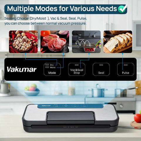Heavy Duty Vacuum Sealer With 80Kpa Dual Pump, Dry And Moist Food Sealing, Pulse Mode, shown on kitchen counter with food examples.
