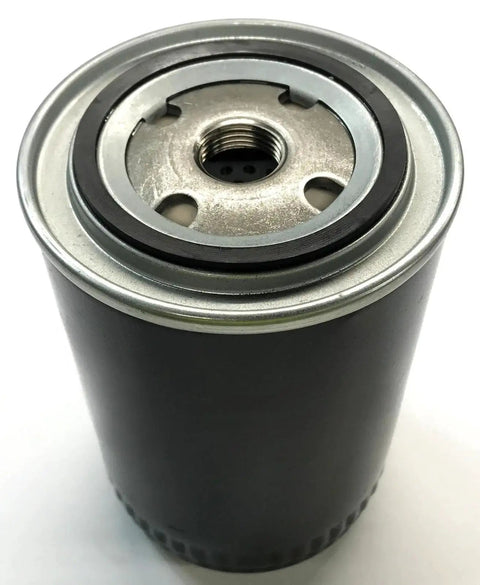 Top view of Spin On Vacuum Pump Oil Filter Replacement Cartridge 15 Micron Fits R5 RA RC Series Vacuum Pumps 100 PSID Max 20 PSI Delta P Cellulose Media Easy Install Durable Element, showing metal fittings and black cylindrical body.