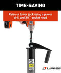 Quick Drop Tongue Jack For A-Frame Trailers, Cargo And Utility Trailers, And 5th Wheel RVs, Power Or Manual Operation, Drill Ready, No Fuss Easy Raise And Lower, Black shown with power drill attachment.
