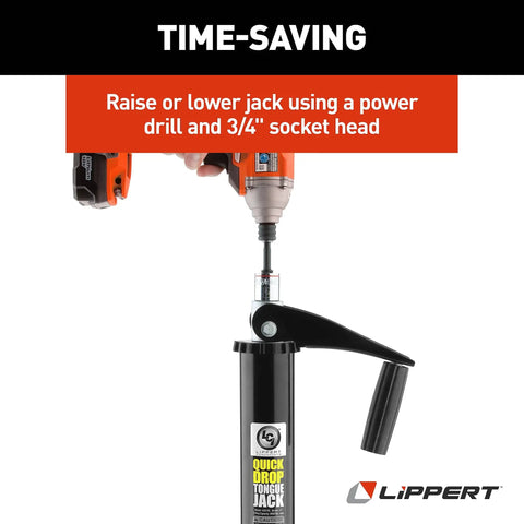 Quick Drop Tongue Jack For A-Frame Trailers, Cargo And Utility Trailers, And 5th Wheel RVs, Power Or Manual Operation, Drill Ready, No Fuss Easy Raise And Lower, Black shown with power drill attachment.