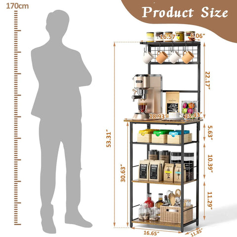 5 Tier Coffee Bar Station With 4 S Shaped Hooks Farmhouse Corner Kitchen Cabinet For Small Spaces shown with measurements and accessories