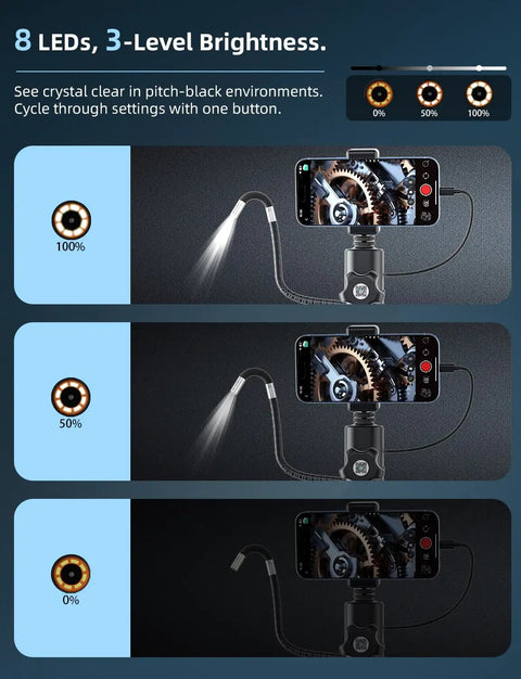 Dope Endoscope Camera With Light 360 Degree Rotation 1920P HD Articulating Borescope SemiRigid Snake Probe IP67 Waterproof For Plumbing Automotive Home Inspections Works With iPhone And Android Perfect Gift For DIY Enthusiasts 8 LED light levels