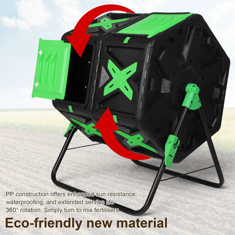 140L Dual Chamber Compost Tumbler For Outdoor Gardens And Yards No Fuss Easy Setup Rotating Bin with open chamber view