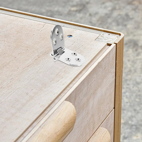 Mounted Six Piece Zinc Alloy Folding Flip Hinge on wooden cabinet, showcasing pre-drilled holes for DIY cabinets and flip desks.