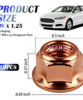 10 Pieces M8x1.25 Exhaust Manifold Gasket Nut For Automotive Manifolds Piping Flanges With High Temp Resistance And Vibration Durability Direct Fit OEM A1201420072, copper hex nut with dimensions against car backdrop.