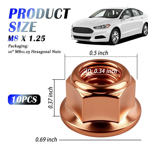 10 Pieces M8x1.25 Exhaust Manifold Gasket Nut For Automotive Manifolds Piping Flanges With High Temp Resistance And Vibration Durability Direct Fit OEM A1201420072, copper hex nut with dimensions against car backdrop.