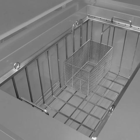 Heavy Duty Industrial Ultrasonic Parts Washer 81 Gallon Tank showcasing stainless steel basket inside the tank for cleaning.